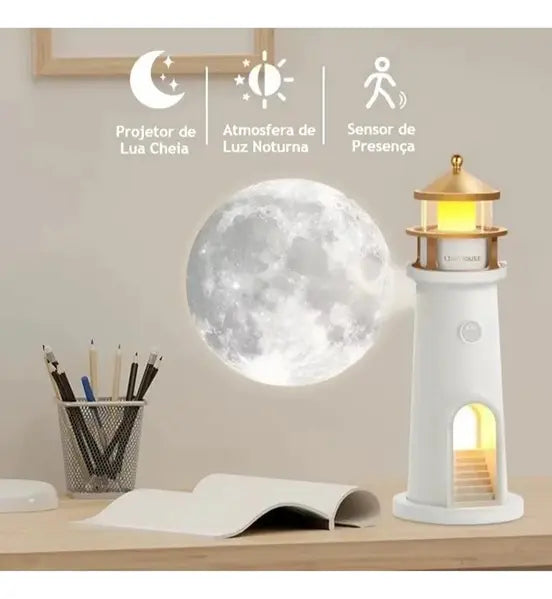 Lámpara de mesa LED USB con proyector de luna – Luz nocturna con sensor de movimiento para habitaciones infantiles
