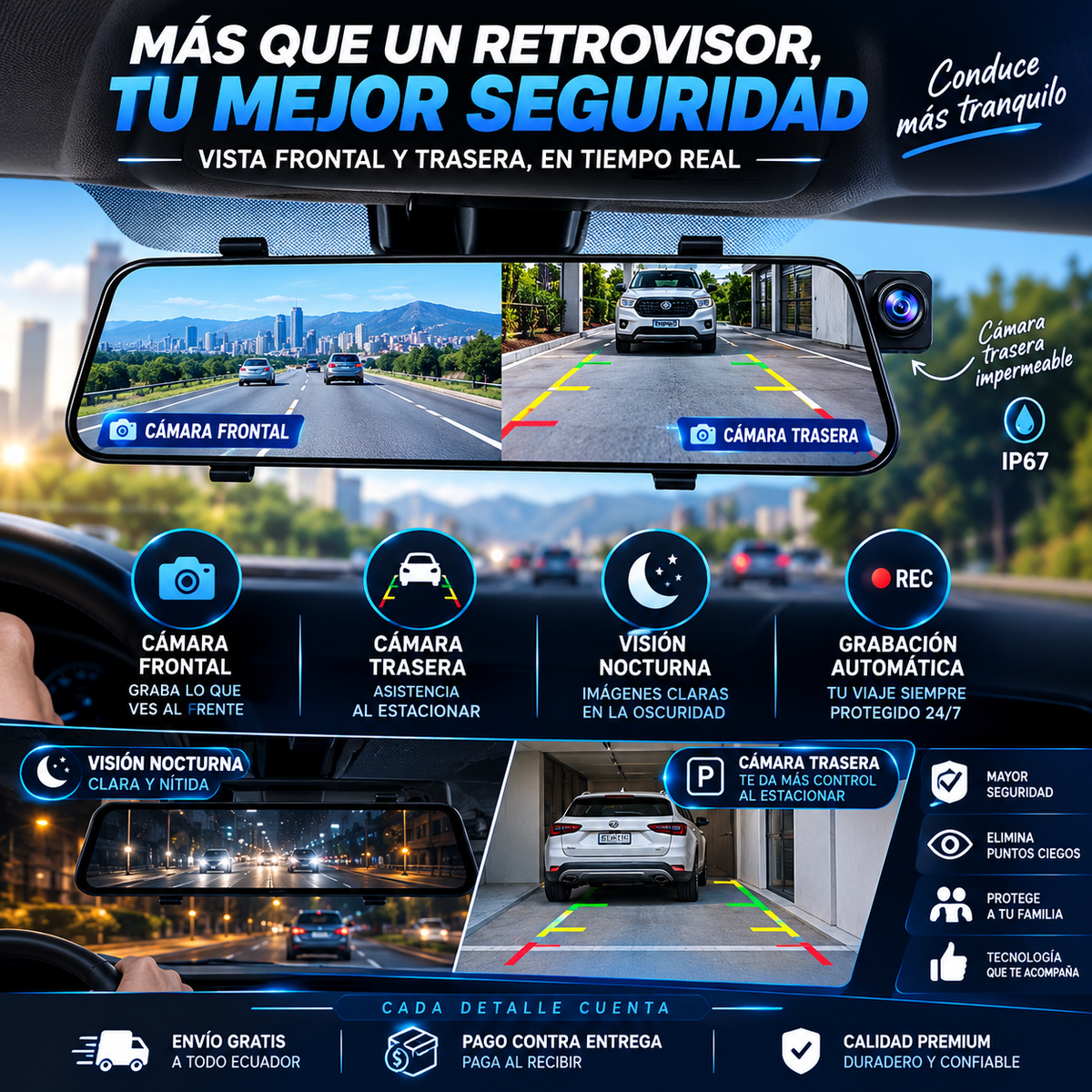 Espejo Retrovisor De Vehiculo Con Cámara De Seguridad Tactil [50% OFF]