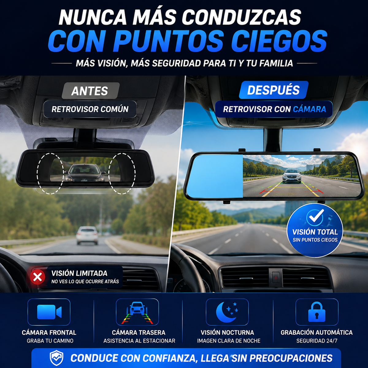 Espejo Retrovisor De Vehiculo Con Cámara De Seguridad Tactil [50% OFF]
