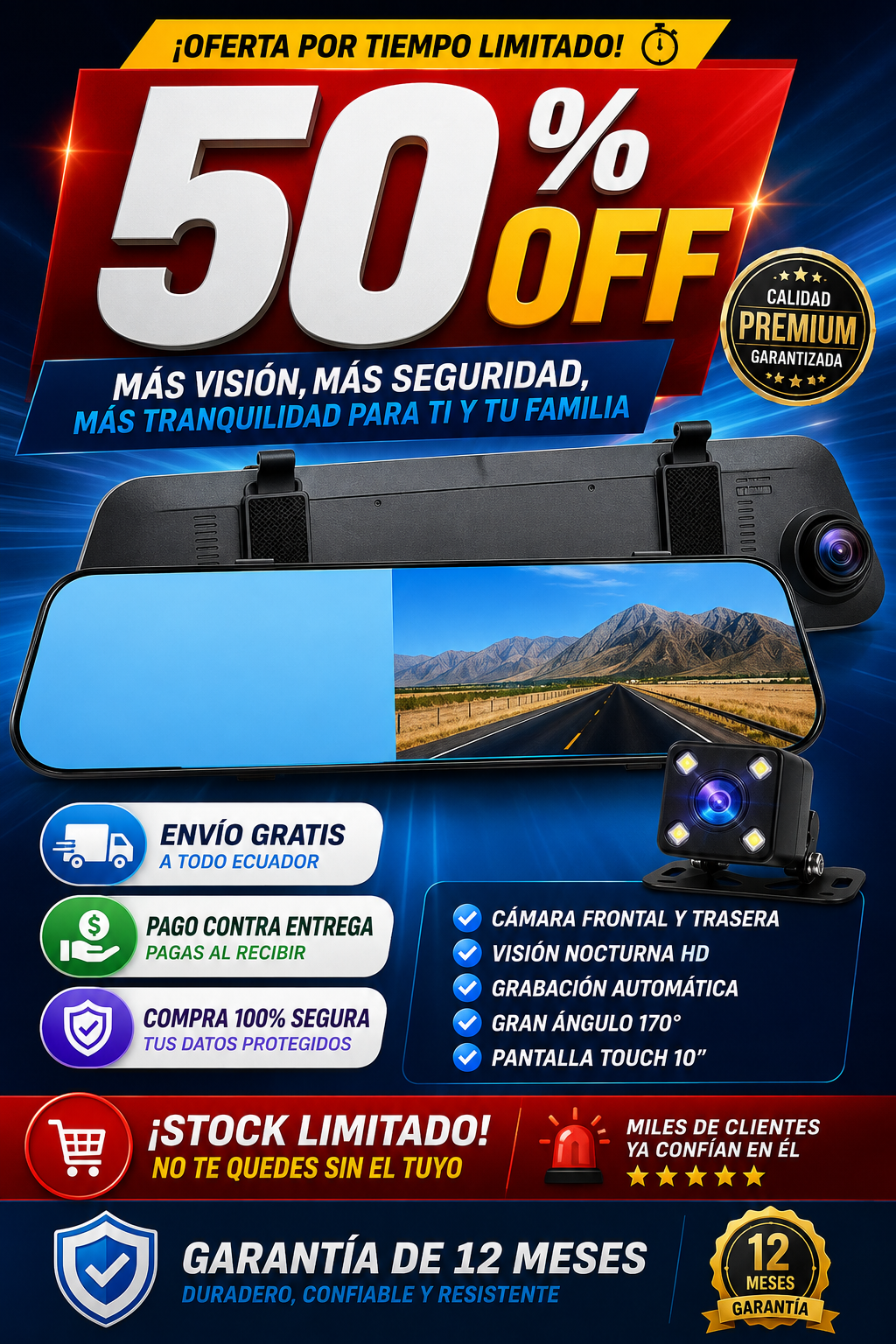 Espejo Retrovisor De Vehiculo Con Cámara De Seguridad Tactil [50% OFF]