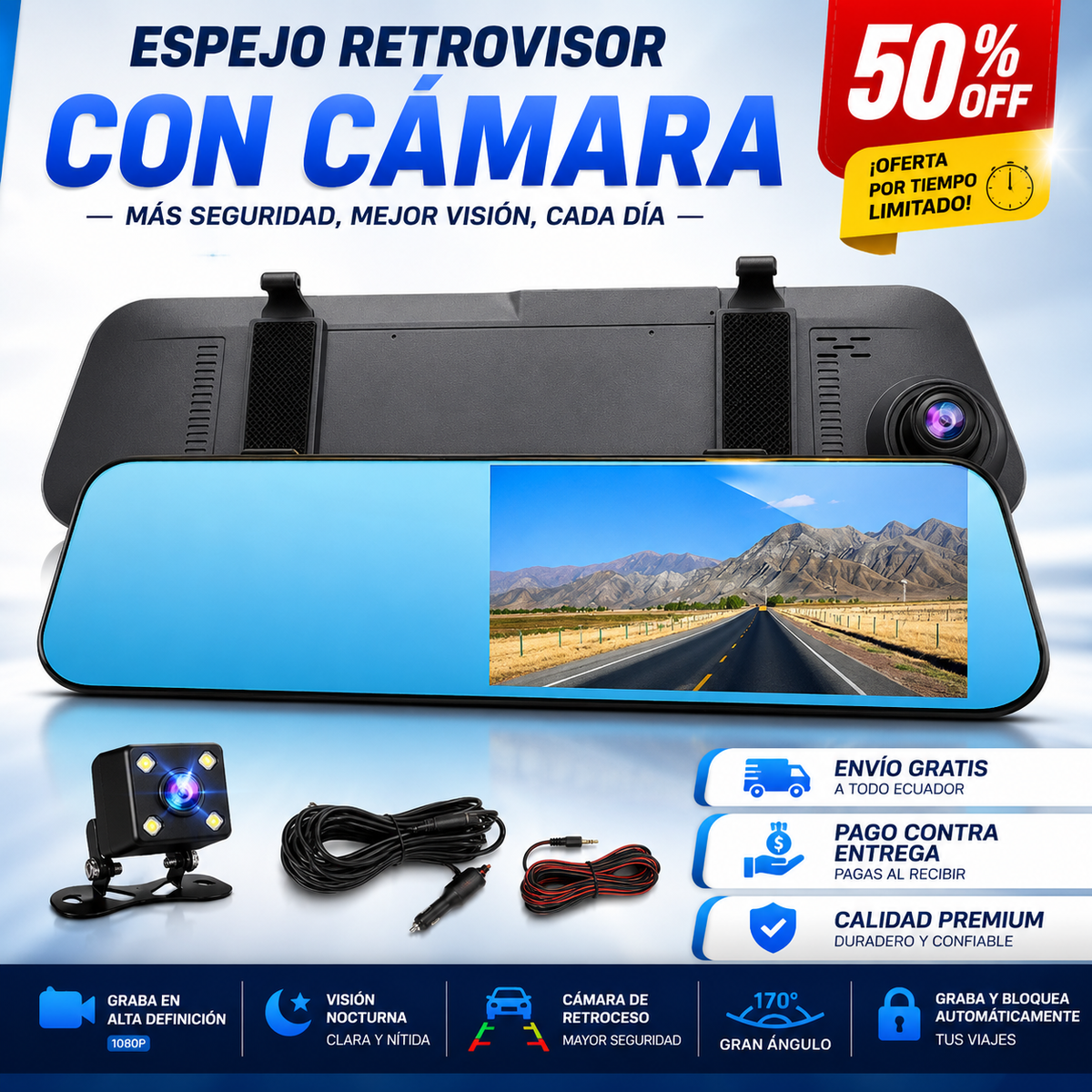 Espejo Retrovisor De Vehiculo Con Cámara De Seguridad Tactil [50% OFF]